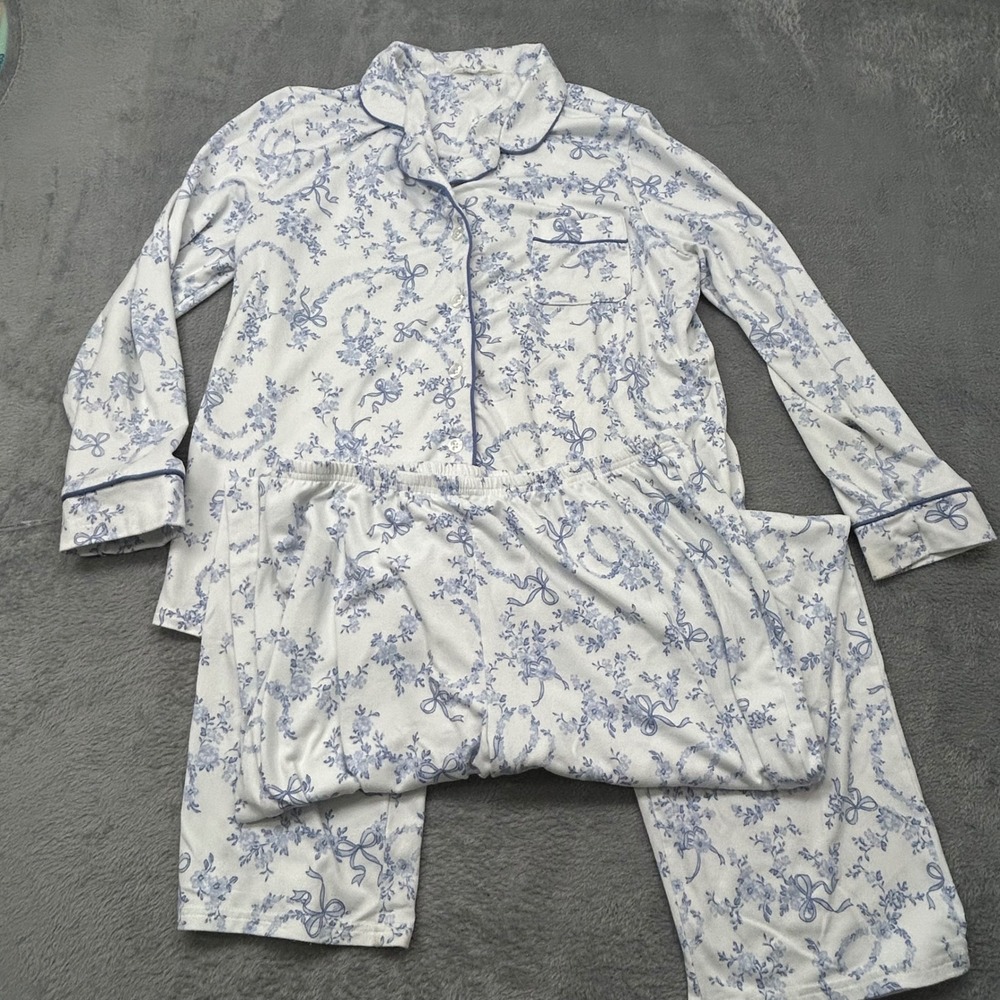 Laura Ashley Blue Floral Bow Pajama Set Long Sleeve Button Top Wide Leg Pants